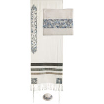 Gray and Blue Embroidered Star of David Cotton Tallit with Kippah and Tallit Bag
