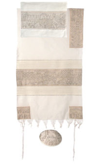 Yair Emanuel Tallit Set Hand Full Embroidered Jerusalem in Silver Theme