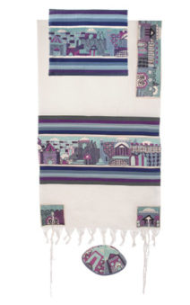 Yair Emanuel Tallit Set  Hand Full Embroidered Jerusalem in BlueTheme