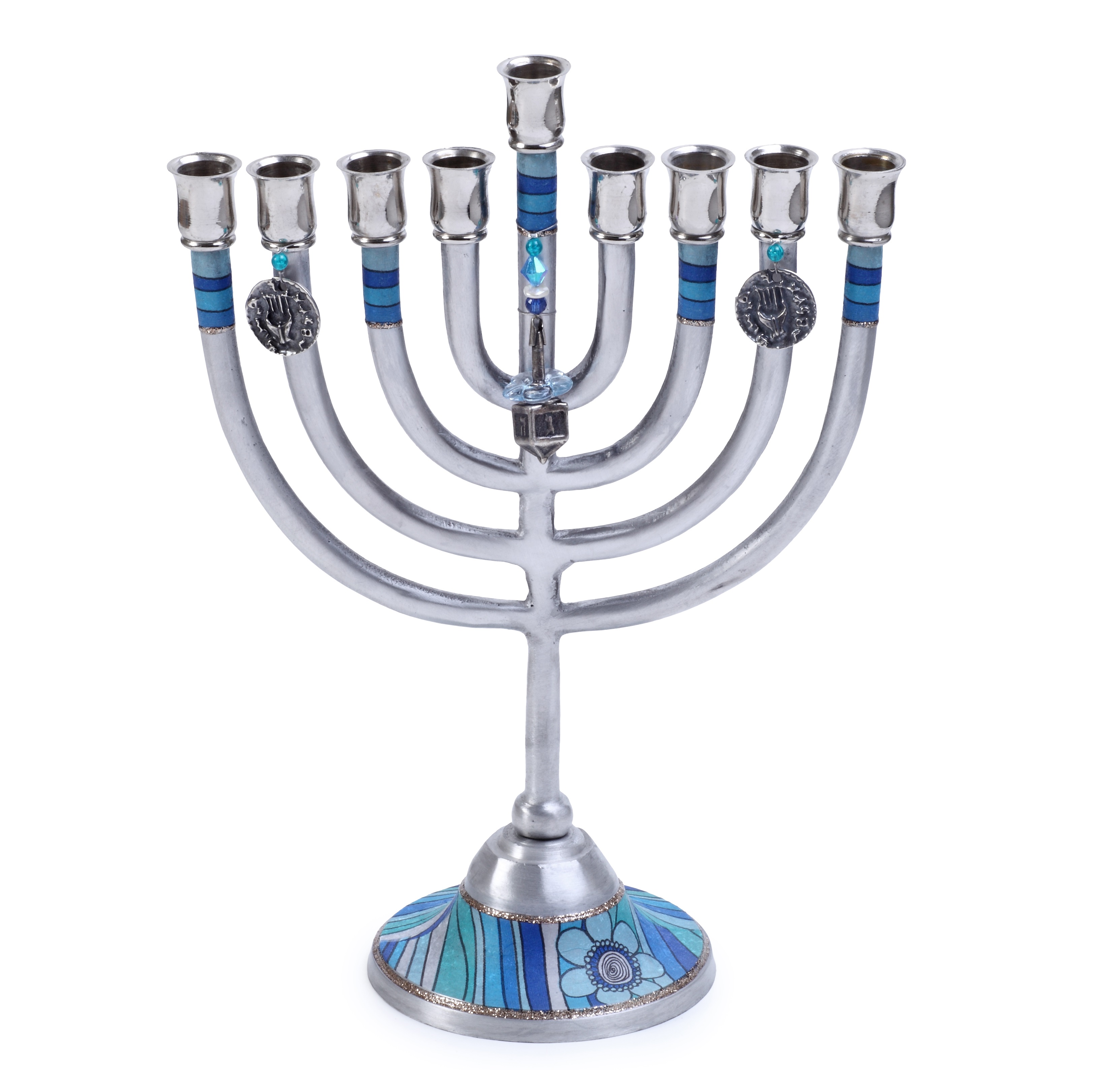 Judaica Decorative Blue And Aluminium Hanukkah Menorah With Dreidel Charm