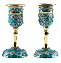 24 K Gold-Plated Turquoise Candlesticks with Jeweled Flowers