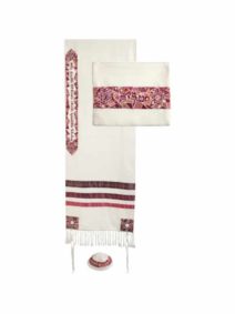 Yair Emanuel Maroon Embroidered Star of David Cotton Tallit with Kippah &Tallit Bag