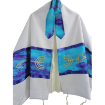 Hand Painted Silk Tallit with Messianic Seal  - Turquoise