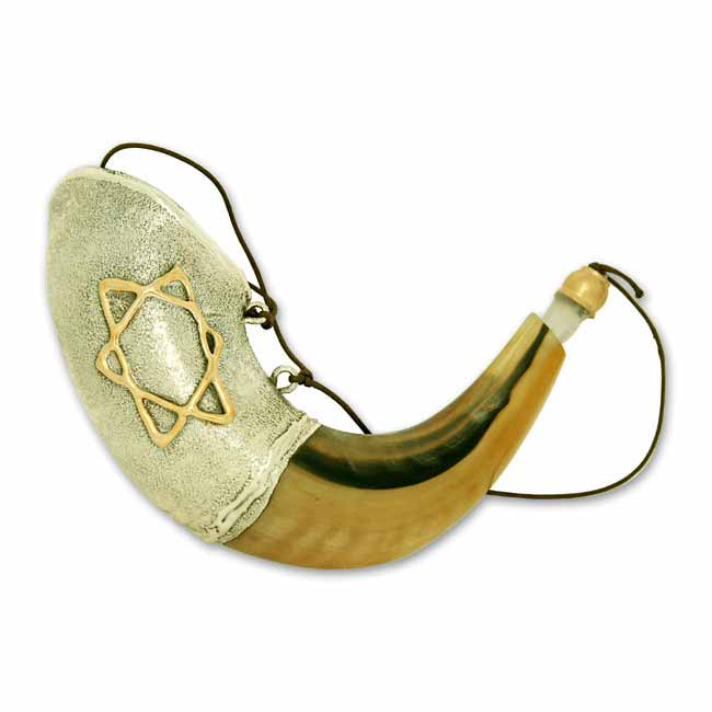 Anointing Oil Ram Horn Shofar With Star Of David & Menorah 13.7"- -  Holyland Gift