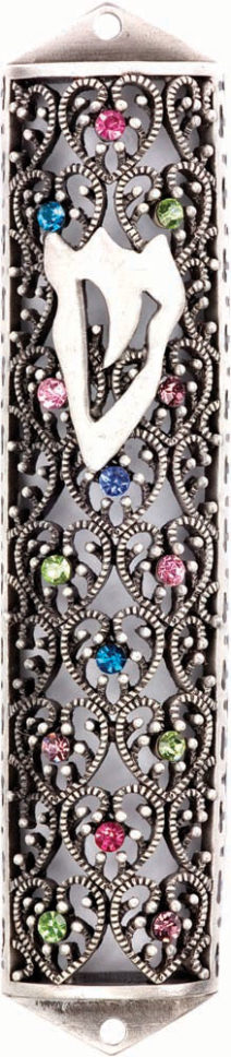 Jeweled Pewter Mezuzah Case with the letter Shin & Heart Pattern