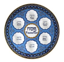 Melamine Seder Plate Blue Ornaments Hebrew English Text