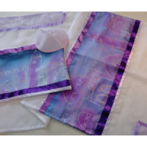 Women's Tallit Set with Jerusalem Sunset Hand painted 