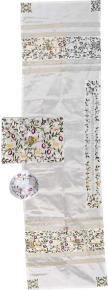 Embroidered Birds and Pomegranates Cotton  White Tallit with Kippah and Tallit Bag