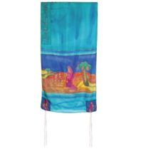 High Quality Silk Tallit with Miriam and Deborah in Turquoise