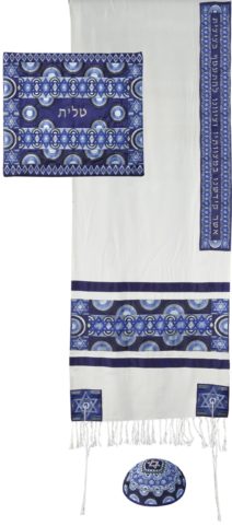 Yair Emanuel Tallit Set Blue Star of David & Rainbows Full Embroidery